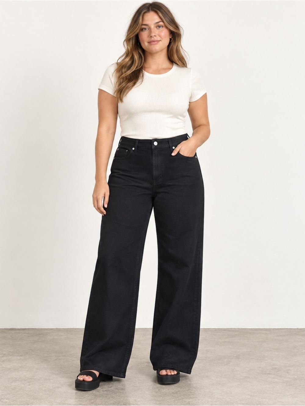 NWT H&M Black High Rise Wide Leg Jeans Size 12 Full Length